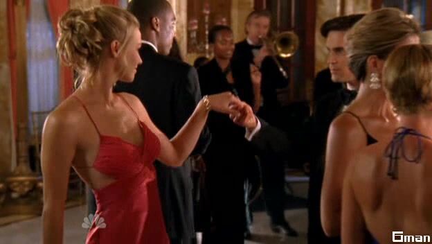 Cleavage and dancing in red dress on Chuck!