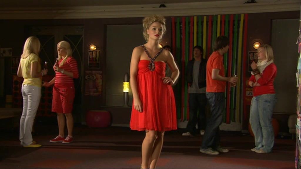 in Red Dress and Lipstick on Hollyoaks!