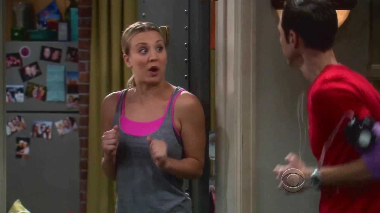 stretching in gym clothes and Cleavage on Big Bang Theory HDTV!