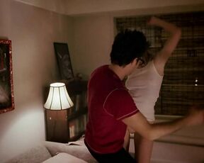 slight see-through jumping in bed and Topless from behind in Eternal Sunshine (HDTV)!